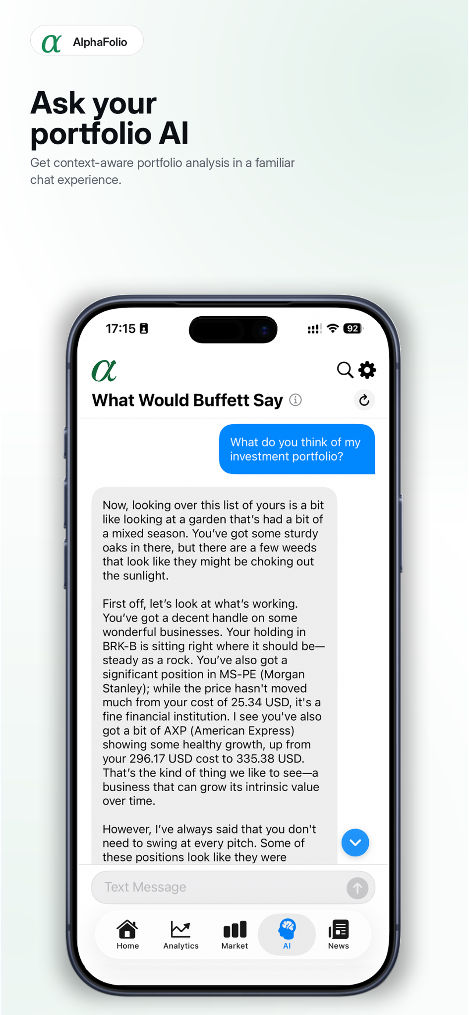 AlphaFolio AI portfolio chat screenshot