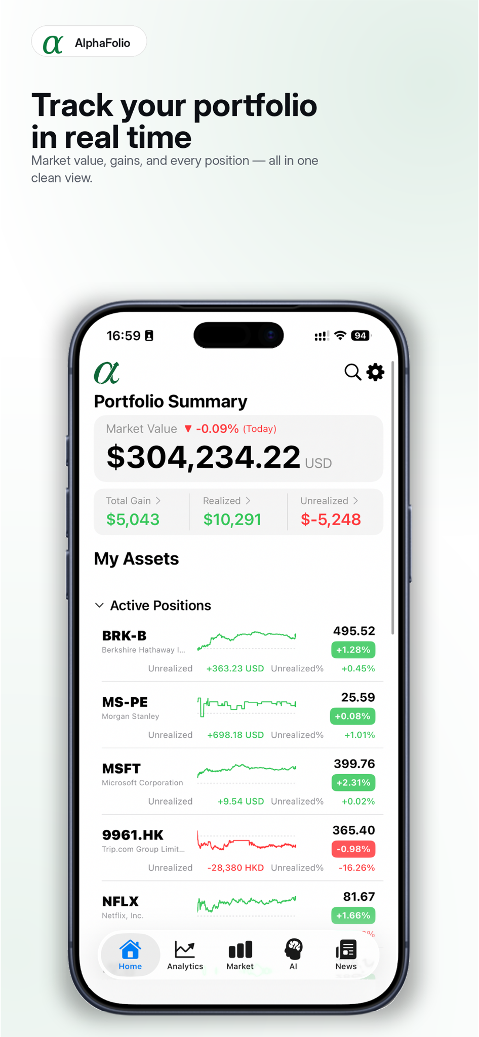 AlphaFolio portfolio summary screenshot